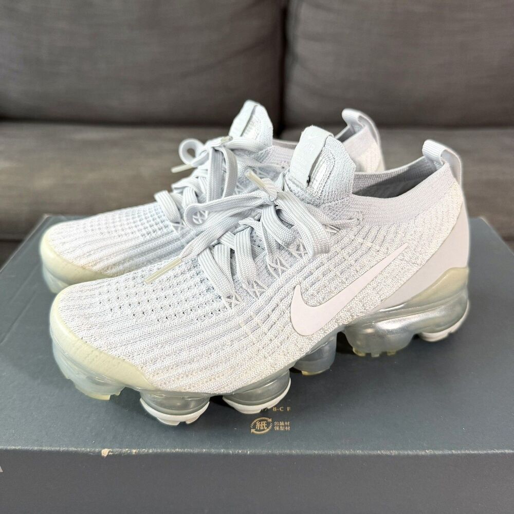 Nike Air VaporMax Flyknit 3 Silver Athletic Running Shoes Womens Size 5.5